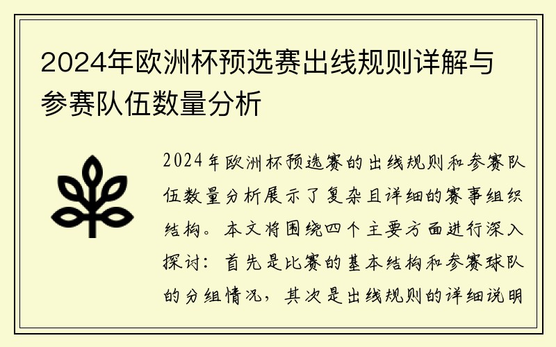 2024年欧洲杯预选赛出线规则详解与参赛队伍数量分析